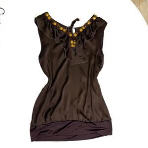 Brown ruffle top with gold yellow brown beaded neckline